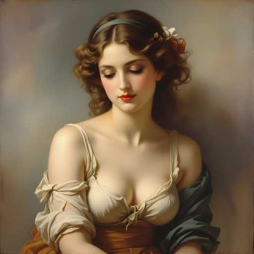 This image depicts a painting of a woman with a serene and contemplative expression. She has long, curly brown hair adorned with a green headband and a white flower. Her eyes are closed, and her head is tilted slightly downward, giving her a peaceful appearance. She is wearing a white dress with thin straps and a low neckline, which is accentuated by a green sash around her waist. The sleeves of her dress are pulled up to her elbows, revealing her bare arms. The background is a muted gray, which contrasts with the vibrant colors of her attire and hair. The overall composition of the painting exudes a sense of tranquility and elegance.