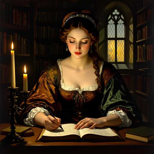 This image depicts a young woman, likely in her early 20s, seated at a wooden desk in a dimly lit room. She is dressed in a Victorian-style dress with a brown bodice, green sleeves, and white frills around the neckline and wrists. Her long, reddish-brown hair is styled in a braid that drapes over her left shoulder, and she wears a silver headband. The woman is deeply engrossed in writing in a book with a quill pen, her head tilted down as she focuses on the task. 

To her left, two lit candles in candlesticks cast a warm glow, illuminating the scene. The desk also holds a few other books, adding to the scholarly atmosphere. Behind her, bookshelves filled with numerous books line the walls, and a window with an arched top and stained glass panes allows a soft, yellow light to filter through, enhancing the cozy ambiance of the room.