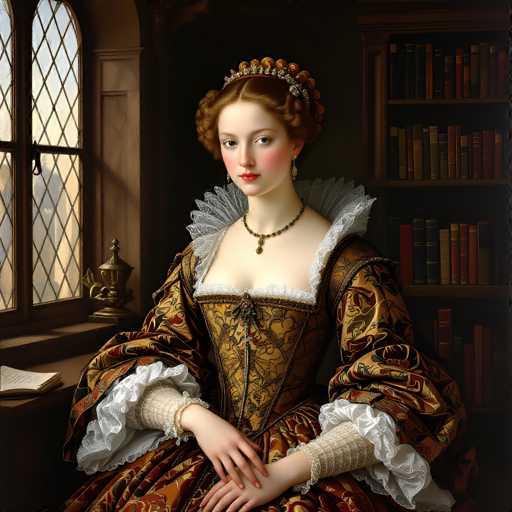 A portrait of a woman in 17th-century fashion, seated at a window with a detailed background. The woman is wearing an elaborate gown with intricate gold and brown patterns, a ruffled white collar, and lace sleeves. She is wearing a pearl necklace and a jeweled crown. Her hands are clasped in her lap, and she is looking directly at the viewer with a serene expression. The background features a window with a view of a sunny landscape, a bookshelf filled with books, and a table with a lamp. The overall style is realistic and detailed, reminiscent of a Renaissance or Baroque painting.