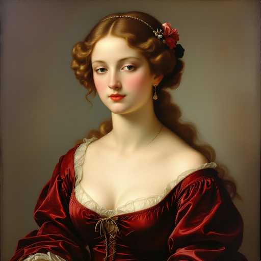 This image depicts a detailed portrait of a woman with long, curly brown hair adorned with a pink flower and a headband. She has striking blue eyes, rosy cheeks, and red lips, and she is wearing a gold necklace. Her attire is a luxurious red velvet dress featuring a deep neckline and laced-up front, with white lace trim around the neckline and sleeves. The dress is low-cut, revealing some cleavage, and the sleeves are puffy, extending to her wrists. The background is a plain gray, which accentuates the vividness of her features and attire.