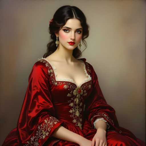 This image depicts a highly detailed, AI-generated painting of a woman in her 20s, seated and gazing directly at the viewer. She has long, dark brown hair styled in a ponytail with a few loose strands framing her face. Her complexion is very pale, accentuated by bright red lipstick and a touch of blush on her cheeks. She wears elegant, dangling earrings that add to her refined appearance.

Her attire is a striking red dress with intricate gold embroidery. The dress features a deep neckline adorned with lace, and the sleeves are long, flowing, and decorated with gold floral patterns. The dress appears to be made of a luxurious, silky material, enhancing its opulent look.

The background is a muted grayish-brown, which serves to highlight the vivid colors of her dress and hair. The overall composition is reminiscent of a portrait painting, with the woman's direct gaze and poised demeanor creating a captivating focal point.