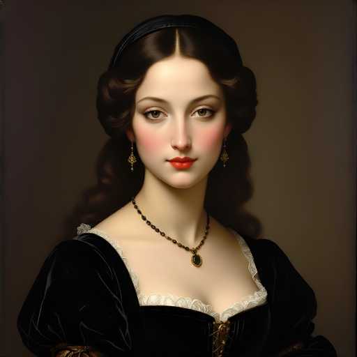 This image depicts a highly detailed, realistic painting of a woman from the 1700s or 1800s, set against a dark brown background. The woman, who has fair skin and brown eyes, is gazing directly at the viewer. Her dark brown hair is styled in an elegant updo, with a black headband or barrette holding it in place. She wears long, dangling earrings and a striking black beaded necklace with a gold pendant. Her attire is a black velvet dress adorned with white lace trim around the neckline and sleeves, which are puffy and extend to her elbows. The dress features a gold clasp at the front, adding to its opulent appearance. The woman's cheeks are rosy, and she wears bright red lipstick, completing her sophisticated look.
