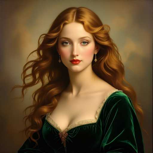 This image features a strikingly beautiful woman with long, wavy red hair cascading down her back. She has captivating blue eyes and a fair complexion, accentuated by her bright red lips and rosy cheeks. Adorning her ears are elegant gold earrings, each with a diamond-shaped center. She is dressed in a luxurious green velvet gown, which is embellished with delicate lace trim around the neckline and shoulders. The dress is low-cut, revealing a hint of cleavage, and is fastened with a small gold bow at the center. The background of the image is a muted blend of gray and brown, with subtle hints of blue, creating a soft, dreamy atmosphere that complements the woman's ethereal beauty.