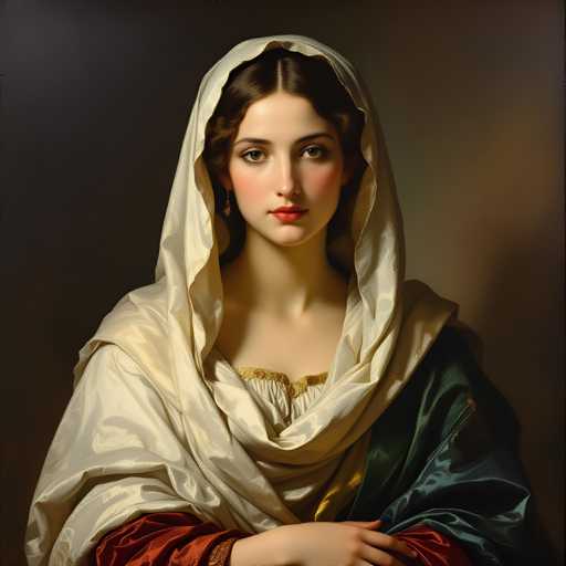 The image depicts a woman wearing a white robe and a green and red scarf with her hands clasped together in front of her. The background is dark, which contrasts with the light-colored attire of the woman. The painting style is realistic, focusing on capturing the details of the subject's face and clothing.