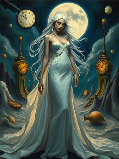 The image depicts a striking fantasy scene featuring a woman with long, flowing white hair and pointed ears, reminiscent of an elf or fairy. She is adorned in a strapless, light blue dress with intricate swirls and a flowing train that extends to the bottom of the image. The woman stands in a moonlit landscape, with a large, luminous moon positioned directly behind her head, casting a soft glow over the scene. Surrounding her are several surreal elements: to her left, a white ghostly figure appears to be emerging from a hollowed-out pumpkin; to her right, a golden, ornate clock tower with Roman numerals and a prominent gold ball on top stands tall. Additional clock towers with similar designs are scattered around the background, enhancing the fantastical atmosphere. The sky is a deep blue, dotted with planets and stars, adding to the otherworldly feel of the image. The overall composition is rich in detail, blending elements of fantasy and surrealism to create a captivating visual narrative.