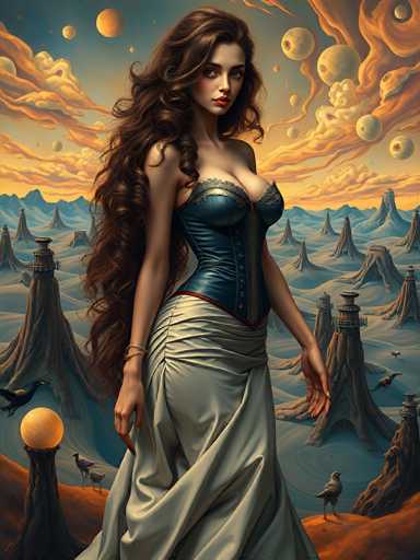The image portrays a striking, computer-generated fantasy scene featuring a woman with long, wavy brown hair cascading down to her waist. She stands in a dramatic pose, gazing directly at the viewer, her full lips painted a vivid red. Her attire is a blend of old-fashioned and futuristic elements: she wears a blue corset with a red trim that accentuates her figure, paired with a flowing, light gray skirt that extends to the ground. A bracelet adorns her right wrist, adding a touch of elegance.

The background is a surreal landscape of blue mountains and hills, interspersed with numerous spire-like structures that resemble tree trunks topped with metal. The sky above is a mesmerizing blend of blue and orange hues, dotted with fluffy clouds and several floating orbs. These orbs vary in color, including shades of orange, yellow, and blue, with some featuring eye-like patterns. Adding to the fantastical atmosphere, a black bird perches on a spire to the left of the woman, while another bird stands on the ground to her right. The overall scene is a captivating fusion of fantasy and science fiction elements, creating an otherworldly visual experience.