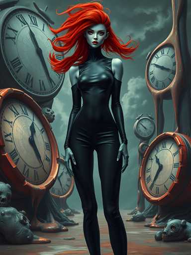 The image depicts a woman with red hair and black skin standing in front of an array of clocks. The clocks vary in size and color, creating a sense of depth and dimension to the scene. The woman is positioned centrally within the frame, drawing attention to her as the main subject.