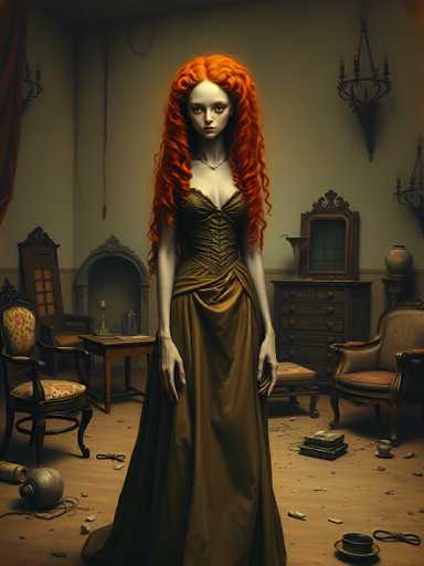 In this detailed and evocative image, a young woman with long, curly red hair stands in the center of a grand, yet dilapidated room. Her hair cascades down to her waist, framing her pale face and thin frame. She wears a brown corset paired with a matching brown skirt, and her arms hang limply at her sides. The room around her is cluttered with various objects: a hat lies on the floor near her, a chandelier hangs crookedly from the ceiling, and a mirror stands propped up against the wall. To her left, a chair with a cushion sits next to a table that holds a candle and a pitcher. On her right, another chair is positioned near a dresser with a vase on top. Scattered across the floor are books, a top hat, and other miscellaneous items, adding to the sense of abandonment and decay. The overall scene is one of melancholy and neglect, with the woman's forlorn expression and the disarray of the room creating a poignant atmosphere.