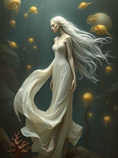 The image depicts a striking, ethereal scene of a woman with long, flowing white hair that appears to be moving in the water. She is barefoot and dressed in a long, flowing white gown that drapes elegantly around her. The woman is positioned in the center of the image, with her head turned to the left, her eyes closed, and her expression serene. Surrounding her are numerous glowing jellyfish, their yellowish-orange bodies and trailing tentacles creating a magical, underwater ambiance. The water itself is a deep blue, and the scene is illuminated by the soft, luminous glow of the jellyfish. In the bottom left corner, there is a hint of red coral, adding a touch of color to the predominantly blue and white palette. The overall composition suggests a fantasy or fairytale-like setting, with the woman appearing almost mythical in her ethereal presence among the jellyfish.