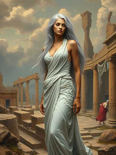 The image depicts a detailed, computer-generated scene of an ancient Roman or Greek setting. At the center stands a woman with long, flowing gray hair, dressed in a light blue, sleeveless gown that drapes elegantly around her. She gazes off to the right, her expression serene. Surrounding her are the ruins of grand stone buildings, with tall columns and steps leading up to them. The sky above is a mix of blue and gray, filled with clouds, adding to the atmospheric depth of the scene. In the background, another woman can be seen walking away, dressed in a red robe, her gray hair tied back. The overall composition evokes a sense of ancient grandeur and mystery.