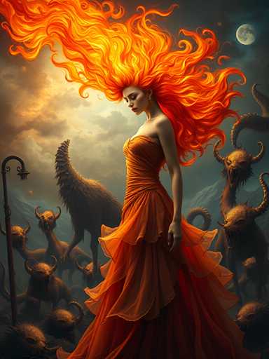 The image is a detailed, computer-generated fantasy artwork featuring a striking woman with fiery red hair that flows dramatically like flames, extending from the top left to the bottom right of the image. She is dressed in a strapless, orange gown that flares out at the bottom, and she stands with her eyes closed, looking down to the left. The background is a dark, cloudy night sky with a full moon in the top right corner. Surrounding her are various mythical creatures, including a large bird with a long neck and tail, and several horned beasts with sharp teeth and long, serpentine tails. To her left, there is a staff with a lantern at the top, and the scene is set against a backdrop of distant mountains. The overall composition is vertical, emphasizing the height of the woman and the expansive, eerie landscape around her.