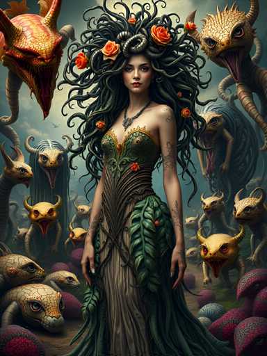 The image depicts a striking and fantastical scene reminiscent of Medusa from Greek mythology. At the center stands a woman with an intricate and mesmerizing headdress composed of long, serpentine hair interspersed with vibrant red roses. Her hair appears to be made of a mix of tentacles and snakes, adding to the mythical aura. She is adorned in a green dress with gold accents, featuring a leaf-like design on the skirt and a corset-like top. The dress is complemented by a silver necklace with a blue pendant. Her arms are adorned with tattoos, and her fingernails are painted white.

Surrounding her are numerous small, yellow creatures with horns, resembling demons or goblins, their mouths agape in what appears to be a state of shock or awe. These creatures are scattered around her, with some positioned to her left and right, and others in the background. Above her head, larger serpentine creatures with open mouths add to the scene's intensity. The sky behind her is a mix of blue and gray, with clouds and a bird flying in the distance, enhancing the otherworldly atmosphere. The ground beneath her is brown, dotted with red and blue balls, further contributing to the surreal and mystical setting.