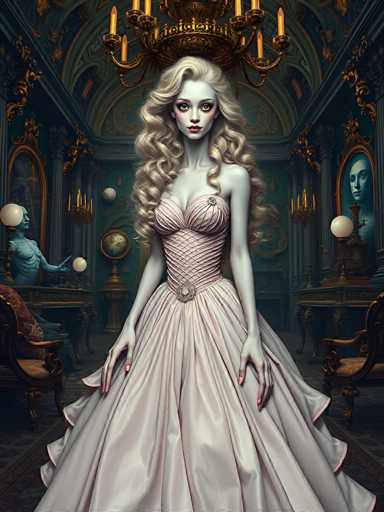 The image depicts a highly detailed, computer-generated scene of a gothic-style room with a pale woman as the central figure. She stands in the middle of the room, her long, curly blonde hair cascading down to her waist. Her skin is very pale, almost ghostly, with a hint of pink on her lips and cheeks. She wears a strapless, corseted dress that is light pink with darker pink accents, featuring a ruffled skirt that flares out around her. Her arms are at her sides, and her long fingernails are painted pink.

Above her head, a large, ornate chandelier with candle-like lights hangs from the ceiling, which is adorned with intricate gold designs. The room's walls are a dark green with gold trim, and the floor is covered in a dark gray carpet with a red border. 

To the left of the woman, there is a blue mannequin-like figure with a bald head, standing next to a desk that holds a white ball. On the right side, there is another desk with a mirror above it, reflecting the face of a blue woman. The room is filled with various objects, including a globe and several candelabras, adding to the eerie, gothic atmosphere.