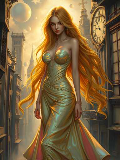 The image depicts a highly detailed, computer-generated scene of a young woman standing in the middle of a futuristic city street. She has long, flowing red hair that cascades down to her waist, with some strands reaching her knees. Her attire is a striking gold dress that features a bustier top and a flowing skirt that extends to her feet. The dress is adorned with a pink underlay that peeks through, adding a touch of color contrast. She accessorizes with a silver necklace, red earrings, and bracelets on both wrists.

The cityscape around her is a blend of old and new, with tall, brown buildings flanking her on both sides. On the right side of the image, a large clock with Roman numerals is prominently displayed on one of the buildings. The sky above is a mix of blue and gray, dotted with white clouds and large, circular moon-like objects, giving the scene a surreal, otherworldly feel. The overall atmosphere is both futuristic and enchanting, with the woman as the central focus amidst this captivating urban backdrop.