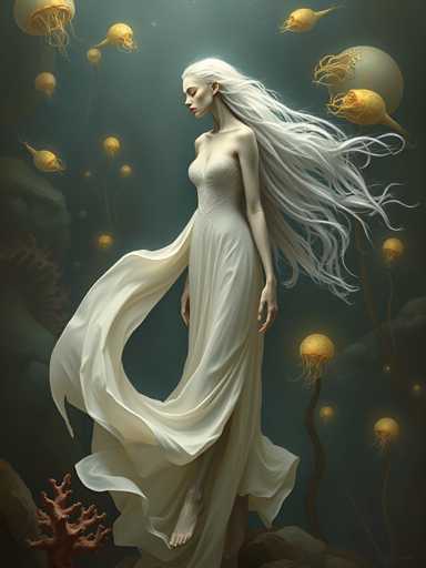 A woman with long white hair is standing on a rock surrounded by yellow jellyfish and coral reefs. The background is dark blue with floating jellyfish and coral reefs.
