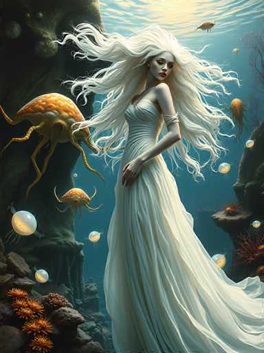 The image depicts a striking scene of a woman with long, flowing white hair that appears to be moving in the water. She is wearing a strapless, white dress that resembles a wedding gown, and her hair cascades around her, blending with the aquatic environment. The woman is positioned in the center of the image, with her body turned slightly to the right, and her head tilted back, gazing towards the top right corner. Her eyes are closed, and her lips are painted a vivid red.

The setting is underwater, with a light blue background that deepens to a darker blue towards the bottom. Surrounding her are various marine creatures, including jellyfish and other sea life, some of which are orange and yellow in color. The scene is framed by rocky formations and coral reefs, particularly noticeable in the bottom left and top right corners of the image. The overall atmosphere is serene and ethereal, with the woman's white hair and dress creating a harmonious blend with the underwater surroundings.