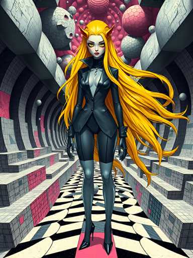 The image depicts a striking, computer-generated female character with long, flowing blonde hair that cascades down to her feet. She has a pale complexion, yellow eyes, and distinct pointy ears, giving her an otherworldly appearance. She is dressed in a sleek, black leather-like suit that accentuates her figure, complete with a high collar, a buttoned chest, and long sleeves. Her outfit is complemented by thigh-high black boots and black gloves, with a hint of a white shirt visible underneath her jacket. She stands confidently on a black and white checkered floor, with a pink strip running beneath her feet. The background features a tunnel-like structure with gray and pink tiled walls, adorned with various colored spheres—pink, gray, and white—hanging from the ceiling. The overall scene is vibrant and detailed, capturing a futuristic and fantastical atmosphere.