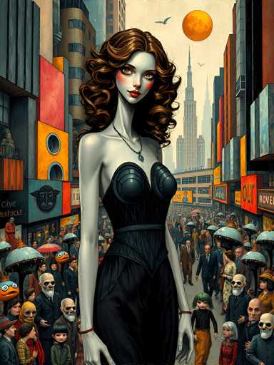A surreal, highly detailed digital painting in a retro-futuristic style depicts a woman with striking features standing prominently in the center of a bustling, fantastical city street. The woman has long, voluminous brown hair with a slightly unnatural sheen, pale skin, and piercing red eyes. She wears a black, form-fitting dress with intricate details on the bodice and a matching skirt, adorned with silver accents. A delicate silver necklace hangs around her neck. Her expression is enigmatic and slightly alluring, with a subtle hint of melancholy in her gaze.

The city around her is a vibrant, almost dreamlike cityscape with tall buildings displaying bold, retro-style advertisements. The architecture is a mix of Art Deco and futuristic elements, with bright orange and teal accents contrasting against the muted gray tones of the buildings. A crowd of people, also with unusual and slightly surreal features (some appear to have skull-like faces), are bustling in the background, many holding umbrellas. A large, orange moon hangs in the sky, casting a warm glow over the scene. 

The overall color palette is rich and slightly muted, with deep blues, purples, and oranges dominating the composition. The lighting is dramatic, highlighting the woman's features and creating a sense of depth and atmosphere. The style evokes a blend of vintage illustration and modern digital art, with a focus on intricate details and a slightly unsettling yet captivating aesthetic. The scene feels like a moment frozen in time, capturing a unique and otherworldly urban landscape.