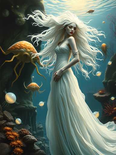 A woman with long white hair and a white dress stands on a rock in the ocean surrounded by jellyfish and coral reefs.