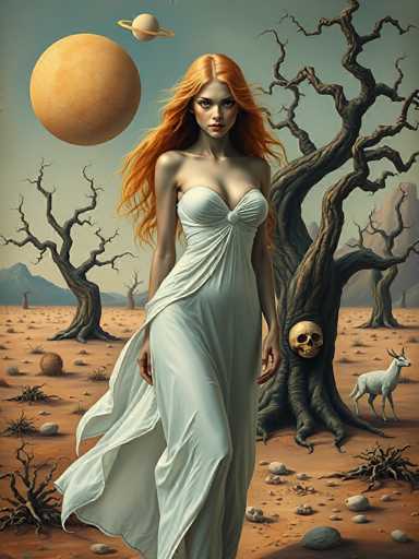 A woman with long, flowing orange hair stands in a desolate, otherworldly landscape. She wears a simple, white, strapless gown that drapes to the ground. Her expression is serene yet intense, looking directly at the viewer with a slightly furrowed brow. The background features a vast, arid desert landscape with skeletal, leafless trees and scattered rocks. A large, orange planet hangs in the sky, partially obscured by a smaller, ringed celestial body. A skull is embedded in the trunk of one of the trees, and a white, deer-like creature with large antlers stands nearby. The overall color palette is muted earth tones with a touch of warm orange from the planet and the woman's hair. The lighting is soft, casting subtle shadows that enhance the otherworldly atmosphere.