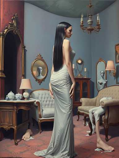 A woman in a long, flowing gray gown stands in an opulent, dimly lit room. She is facing away from the viewer, looking towards a mirror on the wall where a pale, ethereal figure of a woman is reflected. The room's decor is rich and vintage, with ornate furniture, including a wooden table with porcelain teapots and a decorative mirror. The floor is covered in a patterned rug, and the walls are painted a muted blue-gray. A single bare foot is visible on the floor in front of the woman, and another disembodied foot lies on a chair nearby. The overall atmosphere is dreamlike and slightly unsettling, with the woman's long black hair cascading down her back. The lighting is soft and diffused, creating a sense of mystery and introspection.