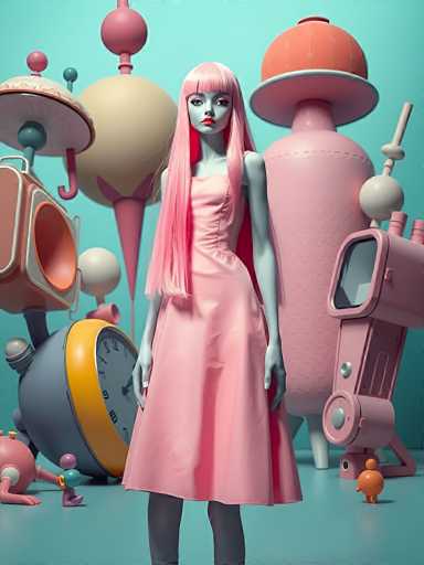The image depicts a highly detailed, computer-generated scene featuring a woman with long, straight pink hair and bangs, standing in the center. She has a grayish-blue complexion, red lips, and is wearing a sleeveless pink dress that extends to her knees, paired with black stockings. Her arms hang straight down by her sides, and she is looking directly at the viewer.

The background is a light blue, almost teal color, and is filled with various whimsical, futuristic objects. To the left of the woman, there is a large, yellow and gray clock with a white face, and a pink and white toy car. Above the clock, there is a pink and white object resembling a hot air balloon. To the right, there is a pink and white structure that looks like a spaceship, and a pink and white object that resembles a snowman. Additionally, there are two small, orange figures with round heads and legs, one of which is lying down and the other standing. The overall scene is vibrant and playful, with a mix of pastel and bright colors, creating a surreal, dreamlike atmosphere.