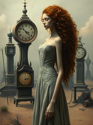 The image depicts a surreal, computer-generated scene featuring a woman with strikingly long, curly red hair that cascades down to her waist. She is dressed in a light blue, strapless dress adorned with intricate lace detailing around the bust and waist. The woman stands in profile, facing left, with her eyes closed and her head slightly tilted downward, giving her a serene expression. Her long, slender fingers rest gently at her sides.

The background is dominated by a series of ornate, antique-style clocks, each with a unique design. The most prominent clock, situated to the left of the woman, is tall and black with a gold rim around its face. It features a large top clock, a smaller middle clock, and a square bottom clock, all displaying different times. Additional similar clocks are scattered throughout the scene, contributing to the dreamlike atmosphere.

The setting appears to be a vast, desert-like landscape with a brownish ground and sparse patches of grass. The sky is a muted gray, filled with clouds, enhancing the surreal and somewhat melancholic mood of the image. The overall composition, with its blend of detailed elements and ethereal quality, evokes a sense of timelessness and otherworldliness.