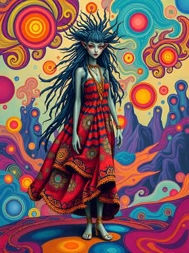 The image depicts a fantastical, otherworldly scene featuring a striking female figure with an ethereal presence. She stands barefoot on a vibrant, swirling ground composed of orange, blue, and purple hues. Her skin is a pale, almost grayish-blue, and she has long, flowing blue hair that cascades down her back, with strands resembling tentacles or Medusa's hair. Her face is adorned with red lipstick and pink eye shadow, and she has pointed ears, adding to her mystical appearance.

She is dressed in a flowing red dress with intricate blue and orange patterns, including stripes and floral designs. The dress has a deep neckline, a single strap on her right shoulder, and a high slit on the left side, revealing her leg. Around her neck, she wears a heavy gold necklace, and her wrists are adorned with gold bracelets. Her feet are wrapped in gold wrappings, and she wears high heels.

The background is a surreal landscape of swirling, psychedelic colors, featuring purple mountains and a sky filled with orange, yellow, and blue swirls. The overall scene is vibrant and dynamic, creating a dreamlike, fantastical atmosphere that draws the viewer into this magical world.