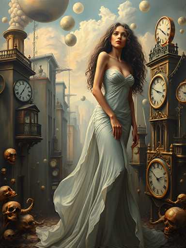 The image depicts a surreal, computer-generated scene featuring a tall, slender woman with long, wavy brown hair cascading past her shoulders. She is adorned in a strapless, light blue dress that flows elegantly to the ground, with a sheer, flowing tail. The woman stands confidently in the center of the image, her gaze directed upwards towards the sky, her expression serene and composed. Her arms rest naturally at her sides, with her left hand slightly lower than her right.

Surrounding her are numerous tall buildings, each adorned with large, ornate clocks displaying Roman numerals. These structures vary in color, predominantly featuring shades of brown, gray, and blue. The sky above is a blend of blue and white, dotted with clouds and peculiar, floating orbs that resemble planets or bubbles, adding to the dreamlike quality of the scene.

In the bottom left corner of the image, a cluster of brown skulls is visible, some stacked atop each other, contributing to the eerie atmosphere. The overall composition combines elements of fantasy and surrealism, creating a visually captivating and detailed tableau.