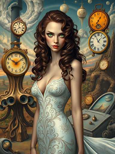 The image portrays a young woman with long, wavy brown hair cascading past her shoulders. She has striking green eyes, a pointed nose, and full lips adorned with red lipstick. Her complexion is fair, and she wears a light blue dress with intricate gold floral patterns, which is low-cut and sleeveless, revealing her cleavage. The dress appears to have a train, suggesting it might be a wedding dress. She stands in a surreal, dreamlike landscape with a blue sky filled with white clouds and distant mountains. Surrounding her are numerous antique clocks, some embedded in tree trunks, others floating in the sky or positioned on the ground. These clocks display various times and feature Roman numerals, adding to the whimsical and fantastical atmosphere of the scene.