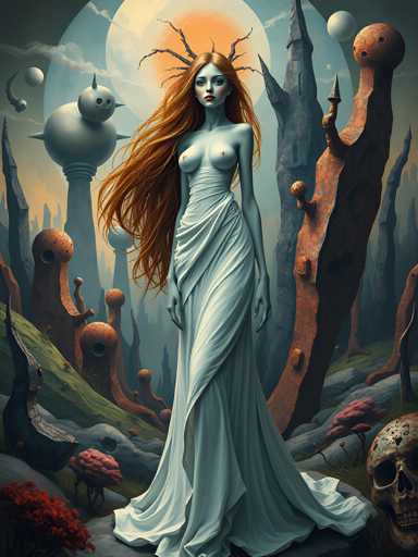 The image depicts a woman with long red hair and an ethereal blue dress standing in the center of a fantastical landscape. The background is filled with various objects such as trees, mountains, and other mythical creatures. The colors used are predominantly green, blue, and brown, creating a harmonious and serene atmosphere.