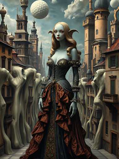 The image depicts a striking fantasy scene featuring a tall, pale-skinned woman with long, wavy blonde hair cascading past her shoulders. She has distinct, pointed ears that curve outward, reminiscent of a bat or elf, and her face is adorned with red lipstick and dark eyes. Her attire is a detailed, off-the-shoulder corset in shades of blue and black, with intricate gold and red embellishments, and a flowing skirt that transitions from blue to red ruffles. The woman stands in the center of a narrow, cobblestone alleyway flanked by tall, beige buildings with red roofs and spires, evoking a medieval or Renaissance cityscape. Above her, the sky is a mix of blue and gray clouds, with a large, white golf ball floating ominously. The scene is further accentuated by the surreal, white, tree-like structures with human-like limbs that line the buildings, adding to the otherworldly atmosphere.