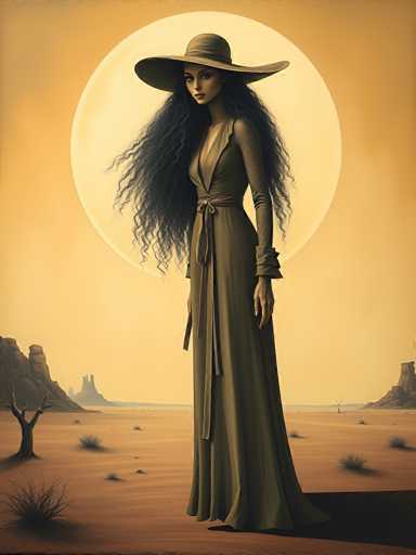 This detailed illustration depicts a woman standing in a vast, arid desert landscape. She is adorned in a long, olive-green dress that features a deep V-neckline and long sleeves, cinched at the waist with a matching sash. Her attire is complemented by a wide-brimmed hat, also in olive green, which shades her face. Her long, dark hair cascades down to her waist, framing her pale skin and dark eyes. The woman stands with her hands at her sides, gazing slightly to the left.

The desert setting is characterized by a sandy, brown terrain dotted with sparse, leafless trees and patches of dry grass. In the background, a series of rocky plateaus and mesas rise against the horizon, adding depth to the scene. The sky is a muted yellow, dominated by a large, luminous moon that casts a soft glow over the landscape. The overall color palette of the image is warm and earthy, with shades of brown, yellow, and olive green, creating a cohesive and serene atmosphere.