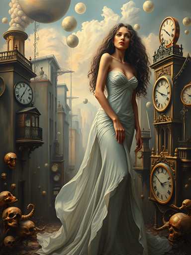 A woman stands in front of a clock tower with a white dress and gold trim, surrounded by other clocks and buildings.