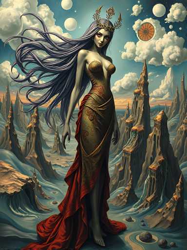 The image depicts a striking fantasy scene featuring a tall, slender woman with long, flowing hair that transitions from a bluish-purple hue to a darker shade at the ends. She stands barefoot on a rocky, mountainous terrain, surrounded by jagged, spire-like rock formations that resemble ancient castles. The woman is adorned in a form-fitting, gold and red dress that accentuates her curvaceous figure, with a red sash around her waist and a flowing red skirt. Her attire is complemented by a golden crown with spikes and a red gem at its center. She has a serious expression, with her head slightly tilted to the right, and her eyes are accentuated with black eyeliner. The sky above is a surreal blend of blue and orange, dotted with various celestial bodies, including multiple moons and planets, some of which are white and others orange. The overall scene is a vivid and fantastical portrayal, reminiscent of a character from a video game or a fantasy movie.