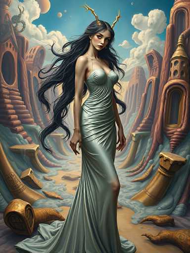 The image depicts a striking fantasy scene featuring a woman with long, flowing black hair that cascades down to her waist. She stands in a confident pose, her head slightly tilted to the right, gazing directly at the viewer. Her attire is a form-fitting, sleeveless dress that accentuates her figure, with thin straps over her shoulders and a long, flowing skirt that reaches the ground. The dress is a light blue color, adding a touch of elegance to her appearance.

Emerging from the top of her head are two golden, curved horns that add a mystical element to her look. Her skin is fair, and she wears a delicate necklace around her neck, complementing her overall ethereal appearance.

The background is a surreal landscape of ancient, broken-down buildings in shades of brown and orange, with some structures appearing to be made of wood. These ruins are surrounded by swirling clouds and a clear blue sky, enhancing the dreamlike quality of the scene. The ground beneath her is a mix of brown dirt and patches of water, adding to the fantastical atmosphere.

Overall, the image is a captivating blend of fantasy and beauty, with the woman as the central focus, exuding an aura of mystery and allure.