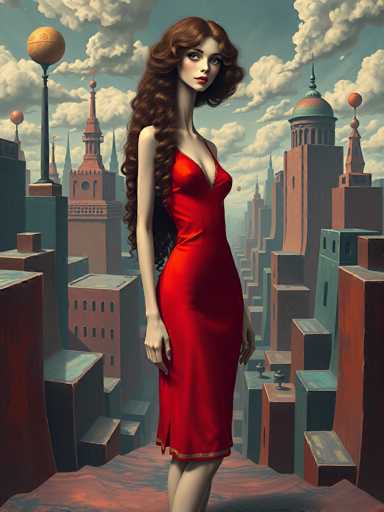 The image depicts a striking, computer-generated scene of a woman standing on a rooftop in a futuristic city. The woman, with her long, curly brown hair cascading down to her waist, is dressed in a form-fitting, red dress that accentuates her slender figure. Her pale skin contrasts with the vibrant red of her dress, and she gazes directly at the viewer with a serious expression. The cityscape behind her is composed of tall, geometric buildings in shades of red and blue, each adorned with spires and domes. Some buildings feature unique elements, such as a red ball atop one spire and a blue ball on another. The sky above is a clear blue, dotted with fluffy white clouds, adding to the surreal and otherworldly atmosphere of the scene.