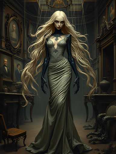 In this detailed and eerie scene, a woman stands in the center of a dimly lit room, exuding an unsettling presence. She is adorned in a long, flowing dress that is a blend of gray and green hues, with a deep V-neckline that reveals a significant portion of her chest. Her arms are covered in black gloves that extend up to her shoulders, adding to her mysterious appearance. Her long, blonde hair cascades down to her waist, framing her face, which is marked by a cold, lifeless stare.

The room around her is cluttered and dark, contributing to the overall sense of decay and abandonment. To her left, a wooden chair sits in the bottom left corner, while a table with a head sculpture and a vase stands nearby. The walls are adorned with numerous old, framed portraits of people, adding a haunting touch to the atmosphere. On the right side, another table holds a vase, and a chair with a broken leg lies on the floor. The floor itself is a mix of brown and gray, further enhancing the room's dilapidated state. Above, a chandelier hangs from the ceiling, its presence both elegant and ominous, casting a dim light over the scene.
