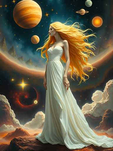 This detailed digital artwork depicts a woman with long, flowing blonde hair that cascades down her back, nearly reaching her knees. She stands on a rocky surface, gazing to the left. Her attire is a strapless, white dress that flares out at the bottom, resembling a wedding gown. The background is a mesmerizing cosmic scene, featuring a dark blue sky filled with stars and several planets. Notably, there is a large planet with brown and yellow stripes, a smaller striped planet, a planet with a ring, and another glowing orange planet. The sky also includes a striking red planet with a ring, reminiscent of Saturn, and a crescent-shaped planet with a red glow. Below the woman, the rocky terrain is interspersed with white clouds, and distant mountains can be seen on the horizon. The overall composition creates a surreal, otherworldly atmosphere.