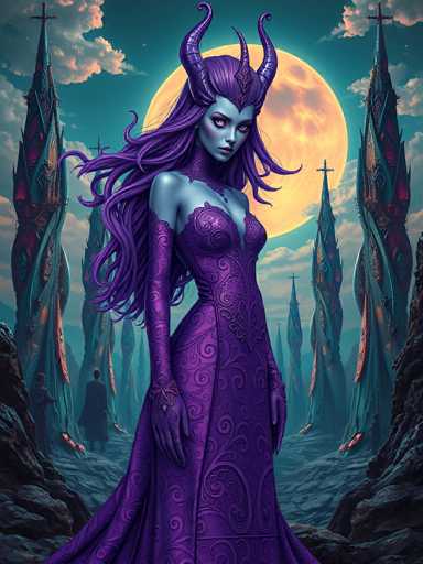The image depicts a striking, computer-generated scene featuring a central female figure with a distinctly otherworldly appearance. She has long, flowing purple hair and matching horns that curve upwards from her forehead, adorned with intricate designs. Her skin is a light blue, and she has piercing pink eyes. She is dressed in a form-fitting, purple gown with swirl patterns, complemented by long gloves that extend up to her biceps. The dress has a deep V-neckline that reveals some cleavage.

The backdrop is a dark, nighttime setting with a large, yellow moon partially obscured by clouds. Surrounding the moon are tall, spire-like structures resembling church steeples, each topped with a cross. These spires are colored in shades of blue, purple, and orange, adding to the mystical atmosphere. The ground beneath her is rocky and gray, with a pathway leading towards the distant spires. In the background, two figures can be seen walking away, adding depth to the scene. The overall composition is rich in detail, blending elements of fantasy and gothic architecture to create a captivating visual narrative.