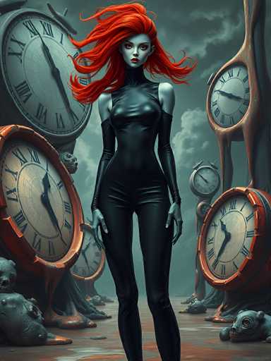 A woman with vibrant red hair, wearing a sleek black bodysuit and gloves, stands in a surreal, clockwork-themed environment. She is surrounded by oversized, antique clocks with ornate frames and Roman numerals, some of which are partially broken or dripping with a dark liquid. The background is a muted gray and cloudy sky, adding to the otherworldly atmosphere. Her expression is intense, with piercing eyes looking directly at the viewer. The overall style is a blend of fantasy and steampunk aesthetics, with a focus on dramatic lighting and intricate details.
