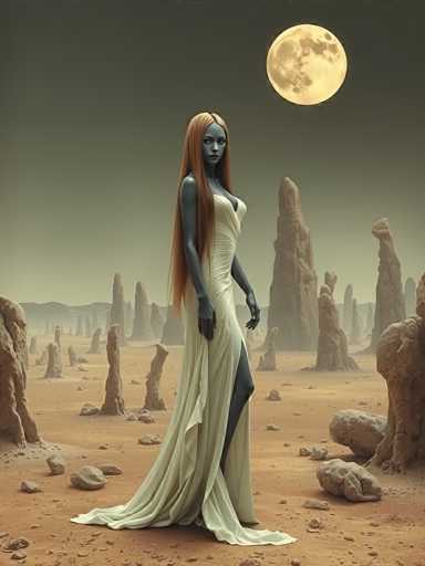The image depicts a striking, otherworldly scene featuring a tall, blue-skinned female alien with long, straight, reddish-blonde hair that cascades down to her waist. She stands confidently in a flowing, white dress that reveals her left leg, which is clad in a black pantyhose. The dress, which has a deep neckline and a long train that fans out on the ground, complements her ethereal appearance. Her face is marked by a serious expression, with dark eyes and a small mouth, and she gazes directly at the viewer.

The setting is a desolate, rocky alien landscape, characterized by a reddish-brown terrain and numerous tall, jagged rock formations that resemble stalagmites. The sky above is a dark gray, with a large, yellowish moon dominating the upper right corner, casting a muted light over the scene. The overall atmosphere is both mysterious and captivating, evoking a sense of isolation and otherworldly beauty.