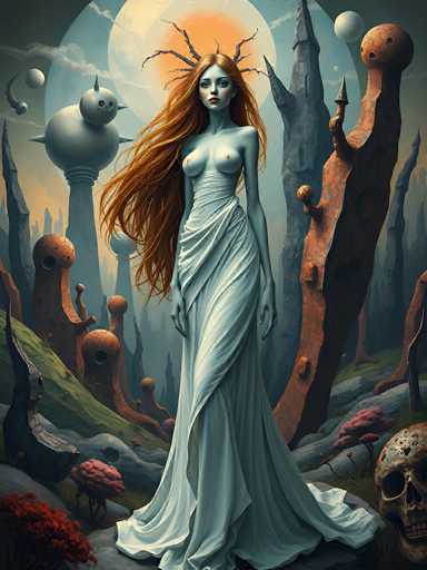 The image portrays a surreal, otherworldly scene featuring a tall, slender woman with long, flowing red hair that cascades down to her waist. Her skin is a pale, almost ethereal blue, giving her an otherworldly appearance. She stands topless, adorned in a flowing white dress that drapes elegantly around her body. Her face is striking, with red lips and a serene expression, and from her head sprout branch-like horns, adding to her mythical aura.

The background is a fantastical landscape filled with surreal elements. To her right, a skull rests on the ground, while to her left, a red bush adds a splash of color. The sky is a deep blue, dotted with planets and moons, enhancing the cosmic atmosphere. Surrounding her are various strange, alien-like structures, including a tall, orange, tree-like form with a round head and a pointed spire, and a gray, tower-like building. The ground is covered with green grass and dotted with peculiar, red, mushroom-like growths.

Overall, the image is a blend of fantasy and science fiction, creating a dreamlike, otherworldly environment that captivates the viewer's imagination.