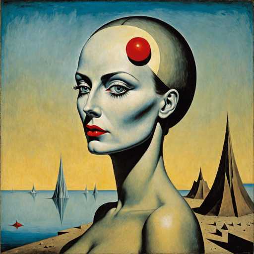 This image is a detailed painting of a woman with a striking, otherworldly appearance. She has a bald head with a distinctive red dot on the left side of her forehead, surrounded by a white circle. Her skin is pale and bluish, with pronounced cheekbones and a sharp jawline. Her eyes are blue, and her lips are vividly red. The woman is looking to the left, her head slightly tilted, and her bare shoulders are visible, suggesting she might be unclothed. The background features a blue sky that transitions to a yellowish hue near the horizon, with a body of water below. The water reflects several spiky, sailboat-like structures, and there are additional pointed shapes on the right side of the image. The overall scene has a surreal, almost futuristic quality, reminiscent of a science fiction setting.