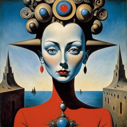 This image is a detailed painting of a woman with a striking, almost surreal appearance. She has a heart-shaped face with very pale, almost white skin, and large, expressive blue eyes. Her lips are painted a vivid red, and she wears long, dangling earrings that are red on one side and black on the other. Her hair is styled in a unique, high updo that resembles a crown, adorned with various circular shapes and swirls in blue and brown hues. She is dressed in a red outfit that covers her neck and shoulders, with a blue circular brooch at the center of her chest. The background features a blue sky with a yellow horizon, a body of water with sailboats, and two buildings with pointed spires on either side of her. The overall composition is reminiscent of a surrealist style, blending realistic elements with fantastical details.