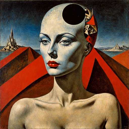 This image is a detailed painting of a woman with a striking, surreal appearance. She has a very pale, almost white complexion, and her head is bald except for a large, black circular hole on the right side, revealing a starry night sky and geometric shapes inside. Her facial features include long eyelashes, red lips, and dark eyebrows. She is depicted from the shoulders up, with her bare shoulders visible. Surrounding her are several red, three-dimensional pyramids, adding to the abstract nature of the artwork. In the background, there is a dark blue sky with hints of lighter blue, and a body of water. On the left side of the image, there is a tall, castle-like structure with a pointed top, while on the right side, there are smaller mountains. The overall composition is both mysterious and captivating, blending realistic and fantastical elements.