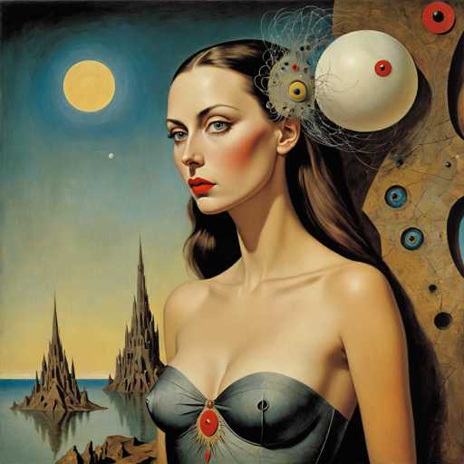 The image is a detailed painting of a woman with long, dark brown hair that cascades down her back. She is wearing a strapless, dark blue dress adorned with a red gem at the center of her chest. Her makeup is striking, featuring bright red lipstick and blush on her cheeks. The woman's head is adorned with an intricate accessory that includes a white ball with a red eye, a yellow ball with a blue eye, and a gray, net-like structure. 

The background is a surreal landscape with a dark blue sky that transitions to a lighter blue near the horizon, where a yellow sun and a smaller white planet are visible. Below, the sky meets a body of water, possibly an ocean, with several spiky, castle-like islands protruding from it. The overall scene is set against a backdrop that combines elements of fantasy and reality, creating a captivating and dreamlike atmosphere.