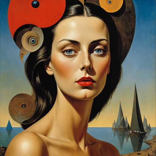 This image is a detailed painting of a woman with long, dark brown hair, styled in a unique and artistic manner. She has striking blue eyes, red lips, and a fair complexion. Her hair is adorned with various geometric shapes, including a prominent red circle with a black dot in the center, a yellow circle with a blue dot, and a brown circle. Additionally, there is a wooden circle with a black dot and a blue eye in the middle, all positioned on her head and hair. The woman is depicted from the shoulders up, with her bare shoulders visible, and she is gazing directly at the viewer.

In the background, there is a serene body of water with a sailboat featuring a gray sail and a brown hull. The sailboat is accompanied by several other sailboats, all with gray sails, and a small rowboat with people in it. The water reflects the boats, adding to the tranquil atmosphere. The sky above transitions from a light blue to a yellowish hue near the horizon, suggesting either a sunrise or sunset. The overall scene is set against a backdrop of blue water and a sandy shore, enhancing the painting's serene and picturesque quality.