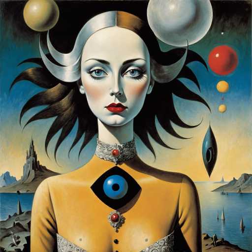 This image is a detailed painting of a woman with a striking, otherworldly appearance. She has a very pale, almost white face with blue eyes, red lips, and a cleft chin. Her hair is black and styled in a spiky, wild manner, with a silver headpiece that resembles a crescent moon on the left side. The woman is wearing a yellow dress adorned with a large black diamond on her chest, which features a blue eye in the center. Below this eye is a red jewel, and her dress has a silver collar with another red jewel. The background depicts a surreal landscape with a body of water, mountains, and a castle on the left side. The sky is a blend of blue and yellow hues, and there are various floating orbs and spheres in colors like red, yellow, and blue, adding to the dreamlike quality of the scene.
