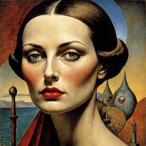 This image is a detailed painting of a woman with fair skin and striking blue eyes. Her dark brown hair is styled in a bun at the back of her head, with a middle part. She has red lips and a subtle smile, with her head slightly turned to the left. The woman is adorned in a red shawl that drapes over her shoulders. 

The background features a serene blue body of water, with mountains painted in shades of blue and gray. The sky transitions from a light blue at the top to a yellowish hue near the horizon. On either side of the woman, there are two sword-like objects with pointed tops and round balls at their ends, one on the left and one on the right. Additionally, there are some indistinct, grayish-blue structures in the background, adding to the painting's depth and complexity.